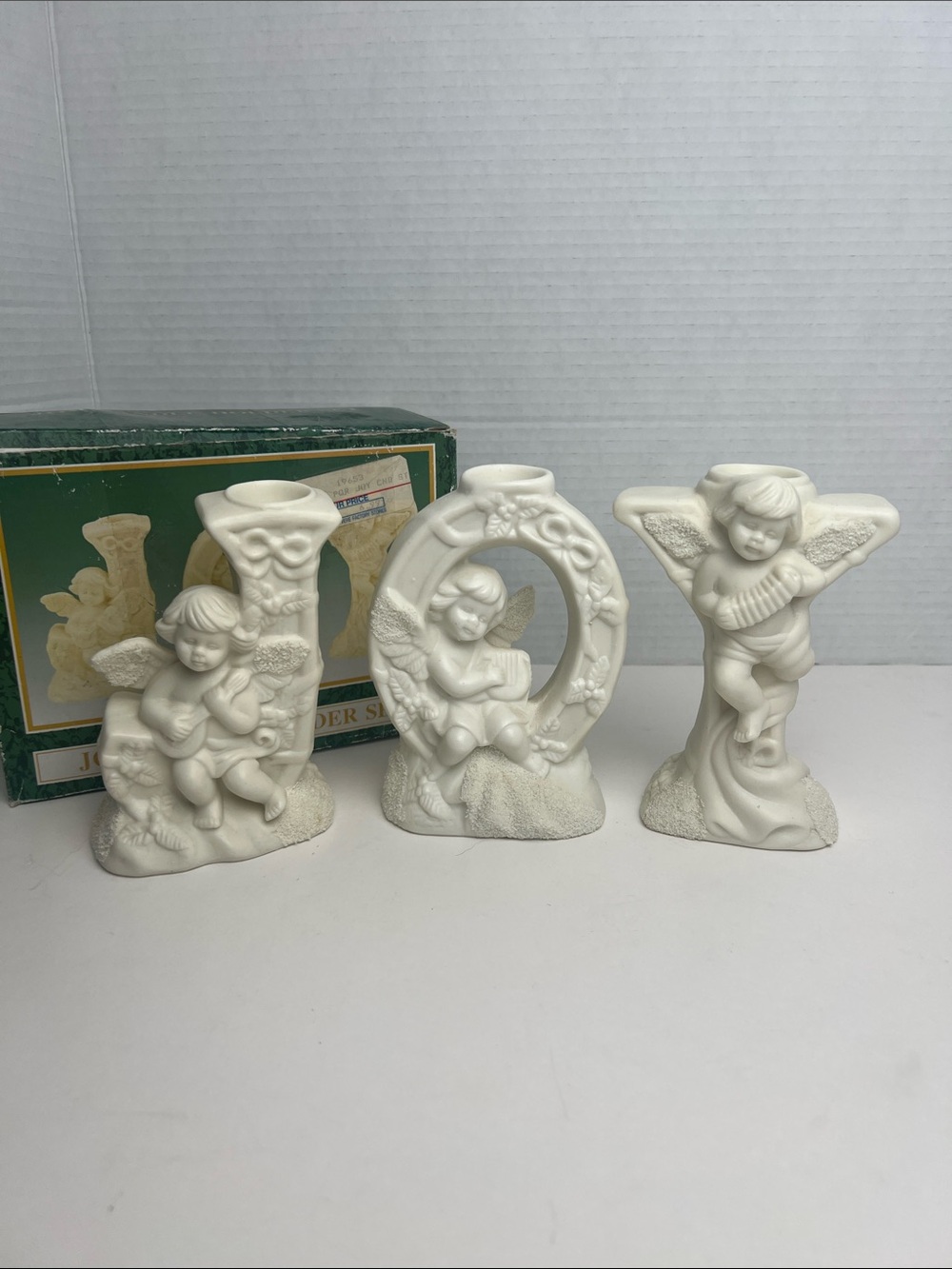 Vintage World Bazaars Joy Angel Candle Holder Set 3pc Bisque Porcelain Christmas